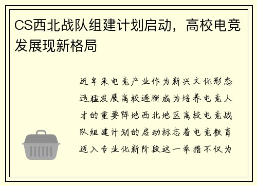 CS西北战队组建计划启动，高校电竞发展现新格局